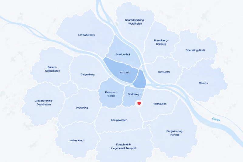 Karte des Regensburger Stadtgebiets mit allen nummerierten Stadtteilen von der Altstadt bis Burgweinting