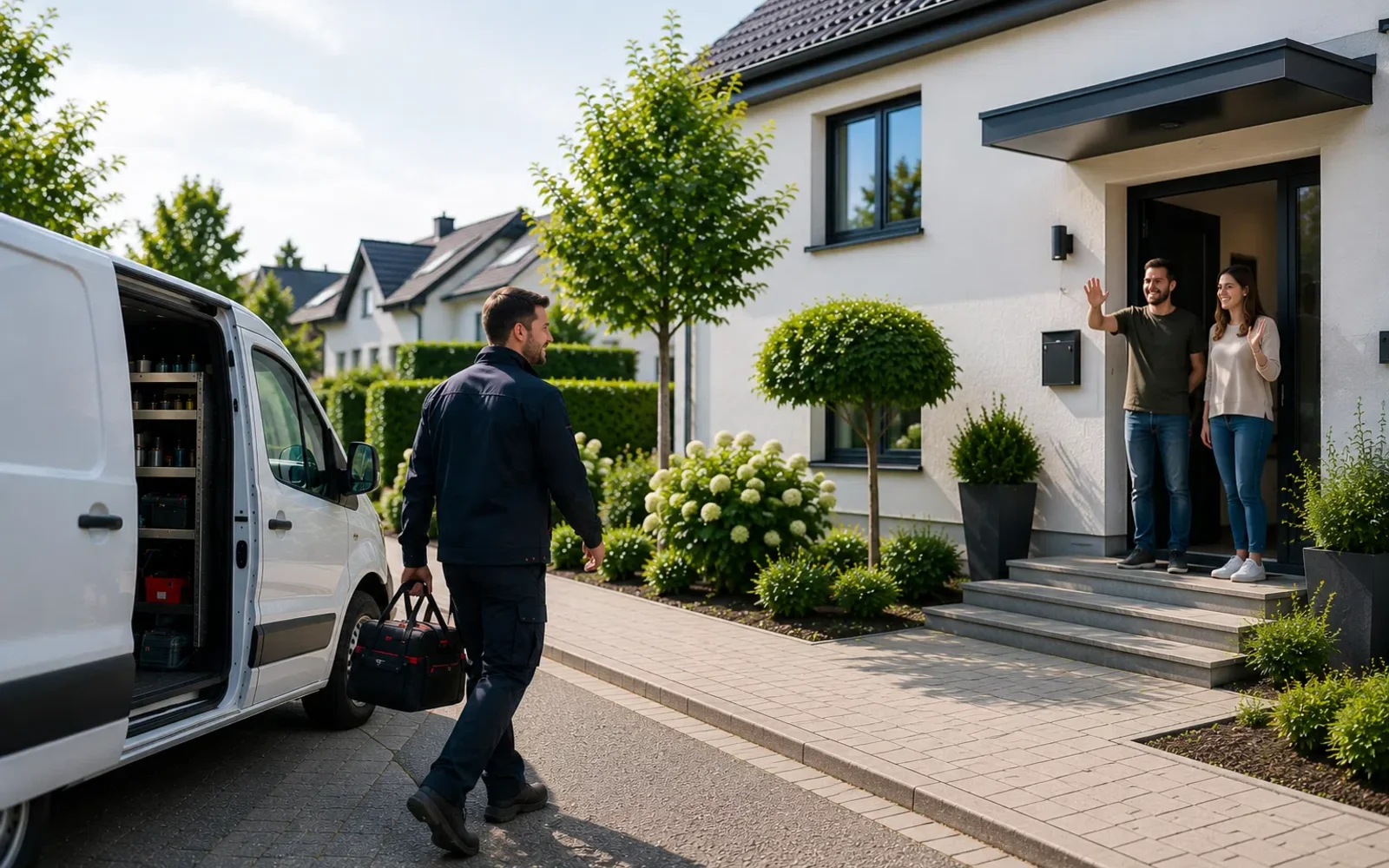 Sanitär-Monteur geht nachts mit Werkzeugtasche vom Einsatzwagen zu einer beleuchteten Haustür