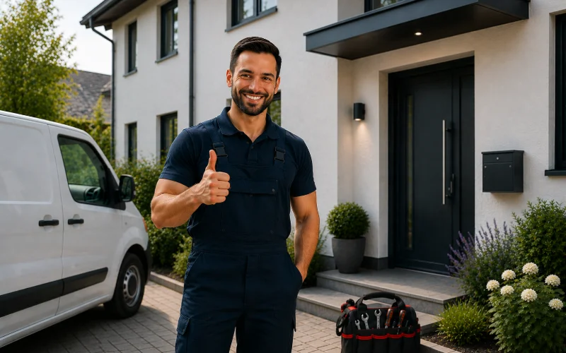 Monteur mit Werkzeugtasche und Servicefahrzeug vor der Haustür eines Kunden in Regensburg