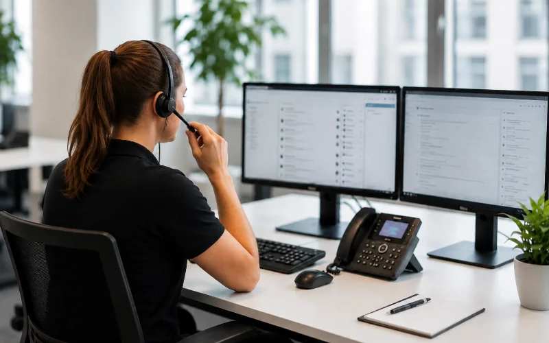 Mitarbeiterin mit Headset nimmt am Schreibtisch mit zwei Bildschirmen telefonisch einen Auftrag an